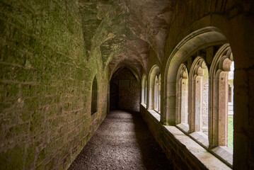 Obraz premium Stone cloister of Augustinian Friary in Adare, Ireland, with arched windows and medieval design