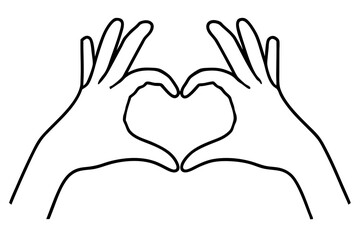 Line art drawing of hands showing love sign. Hand drawn outline vector illustration of heart shape. Romantic concept