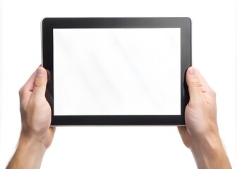 human hand holding tablet with blank display screen, isolated on white