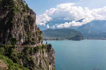 Hiking and cyclist trail Sentiero del Ponale with scenic view of Garda Lake, Trentino, Northern...