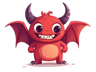Cute cartoon red devil with big eyes and wide grin, vector illustration on a white background
