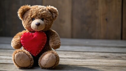 Obraz premium Cute Teddy Bear Holding a Red Heart on a Wooden Surface in Soft Natural Light