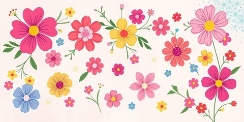 Colorful floral patterns on a subtle background with a mix of bright and soft hues creating a playful atmosphere, blooming flowers, pattern, abstract