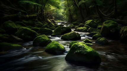 Moss Covered Rocks in a Forest Stream