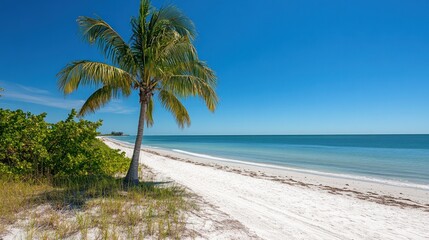 Lone palm tree on a pristine white sand beach, turquoise ocean under a vibrant blue sky.
