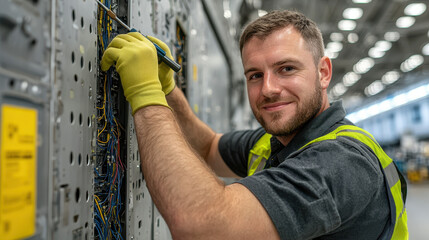 Aircraft engineer working with precision tools, adjusting wiring in modern facility, showcasing expertise and focus in bright industrial environment