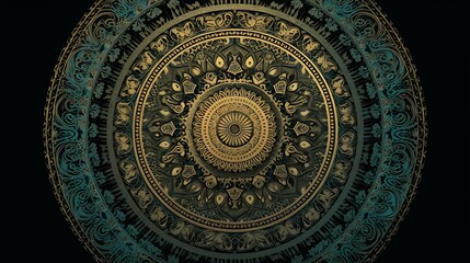Naklejka premium Intricate Circular Mandala Design Featuring Gold And Teal Accents