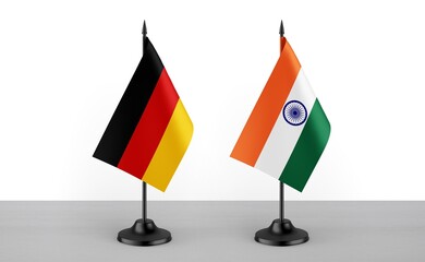 Image of the table flag of Germany and India countries. White background. Close-up flags. High...