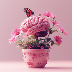 A vibrant brain model in a  pot, resembling a plant, set against  backdrop, symbolizing creativity and thought.