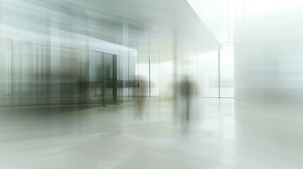 Blurred background of people walking pass glass doors and white walls of modern sleek office building, a motion blur concept of city life, contemporary living and and the hustle of daily activities