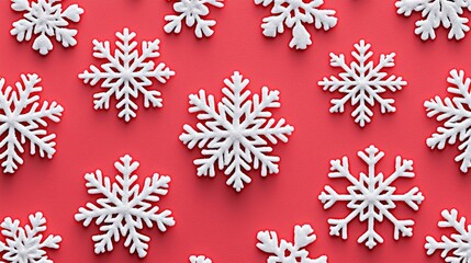 A vibrant red background featuring decorative white snowflakes, creating a festive and wintry aesthetic.