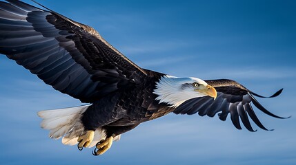 Obraz premium Majestic Bald Eagle Soaring Through A Clear Blue Sky