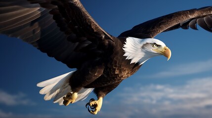 Obraz premium Majestic Bald Eagle Soaring Through a Clear Blue Sky