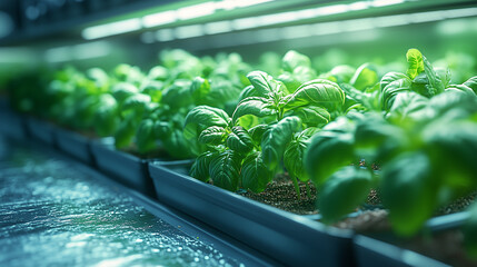 Fresh basil plants growing in a modern indoor  system, illuminated by vibrant LED lights. Urban farming enthusiasts and sustainable agriculture concepts.