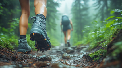 Hikers Trekking Through Misty Forest on a Rugged Mountain Trail. The adventurous spirit of the journey.