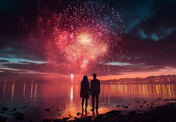 Romantic Couple Silhouetted Against a Vibrant Fireworks Display Over a Calm Lake at Night