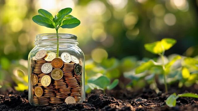 Growing investment: coins in a jar with young plant on soil background