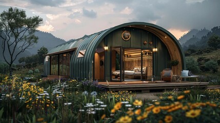 Rustic Tiny House with a Curved Roof Design