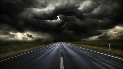 Travel themed image showing an empty road with dark storm clouds overhead