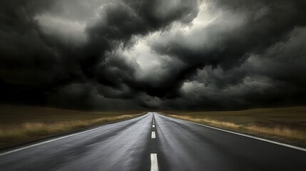 Travel themed image showing an empty road with dark storm clouds overhead