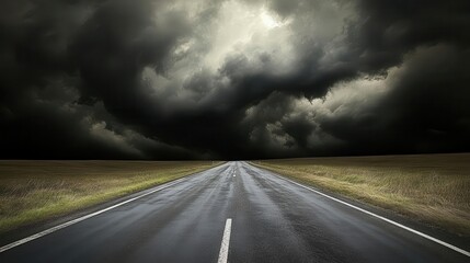 Travel themed image showing an empty road with dark storm clouds overhead