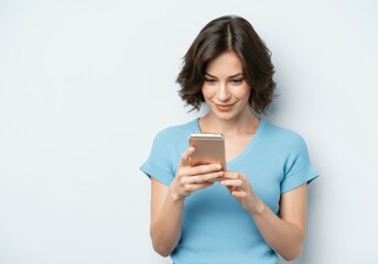 Fototapeta premium Woman using smartphone, smiling, light blue background