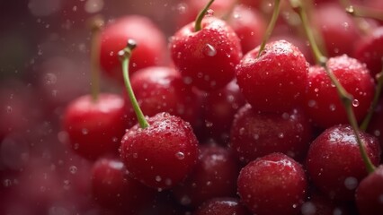 A bunch of cherries with water droplets on them