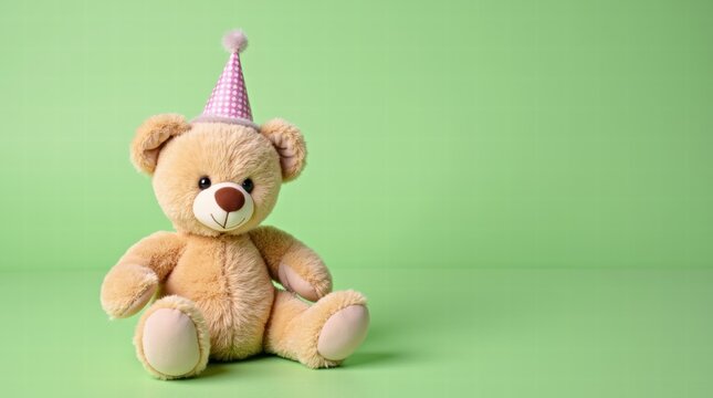 A teddy bear with a small birthday hat on a soft green background