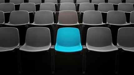 Fototapeta premium Monochrome stadium with one blue seat among gray rows