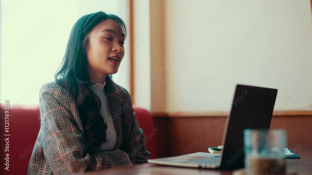 Poster young professional woman sits at a table, smiling and gesturing during a video call on her laptop. e