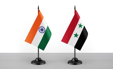 Image of the table flag of India and Syria countries. White background. Close-up flags. High...