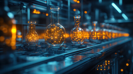 futuristic laboratory with glowing materials in glass flasks