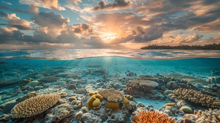 Fototapeta premium Breathtaking coral reef illuminated by sunlight for world reef awareness day celebration