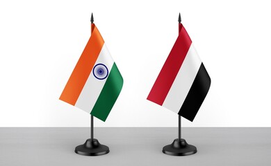Image of the table flag of India and Yemen countries. White background. Close-up flags. High...