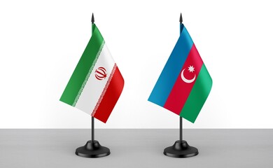 Image of the table flag of Iran and Azarbaijan countries. White background. Close-up flags. High...