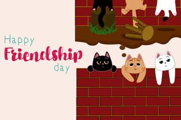 Happy Friendship Day Illustration with Cute Cartoon Cats  on a Brick Wall