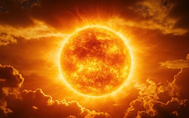 A radiant sun surrounded by vibrant clouds, casting warm golden hues across the sky, symbolizing energy and life.