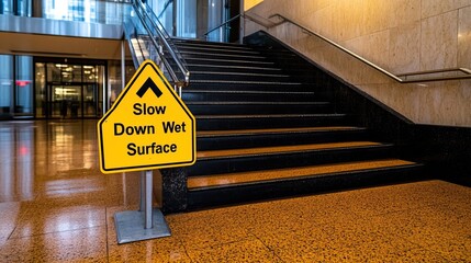 A warning sign indicating a slippery surface on stairs, urging caution for pedestrians.