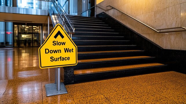 A warning sign indicating a slippery surface on stairs, urging caution for pedestrians.