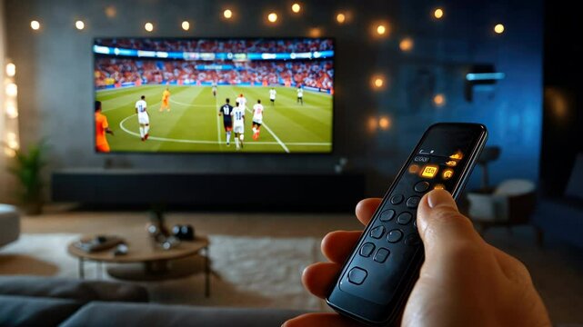 Person watch football, soccer game pov. Cozy living room with large TV displaying sports event. Man hand holds remote control. Baseball fan take bet. Home television entertainment. First point of view