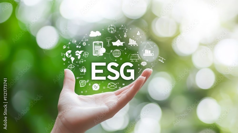 Poster ESG icon concept in the hand for environmental, social, and governance in sustainable and ethical business on the Network connection on a green background.