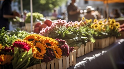 Fototapeta premium Sunflowers and other flowers in wooden crates at market