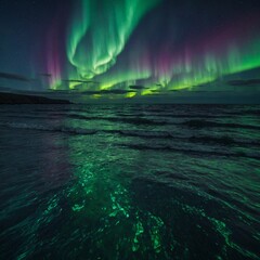 A shimmering ocean that reflects the aurora borealis above.