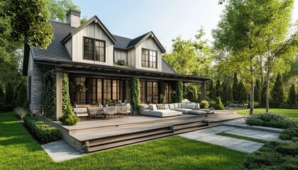 A modern farmhouse backyard with a wooden deck, greenery walls and plants, a sofa set on the grassy area