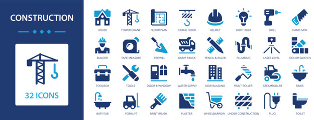 Construction flat icons collection. Design and construction of buildings. Crane, builder, engineering, equipment, helmet, tool, house.