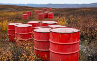 Obraz premium A picturesque landscape features numerous red barrels scattered across a colorful field of vegetation under a cloudy sky.