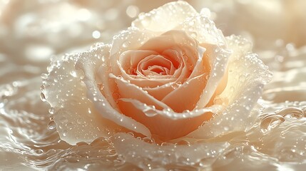 Fototapeta premium Red rose surrounded by soft neutral tones with sparkling water drops