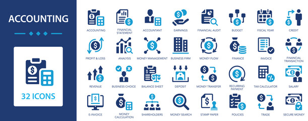 Accounting flat icons collection. Accounting of business affairs and work. Invoice, tax, accountant, financial statement, tax calculator.