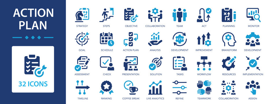 Action plan flat icons collection. Planning actions and processes in business operations. Planning, schedule, strategy, analysis, tasks, goal, collaboration.
