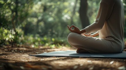 Person meditating in a cross-legged position on a yoga mat in a serene forest setting